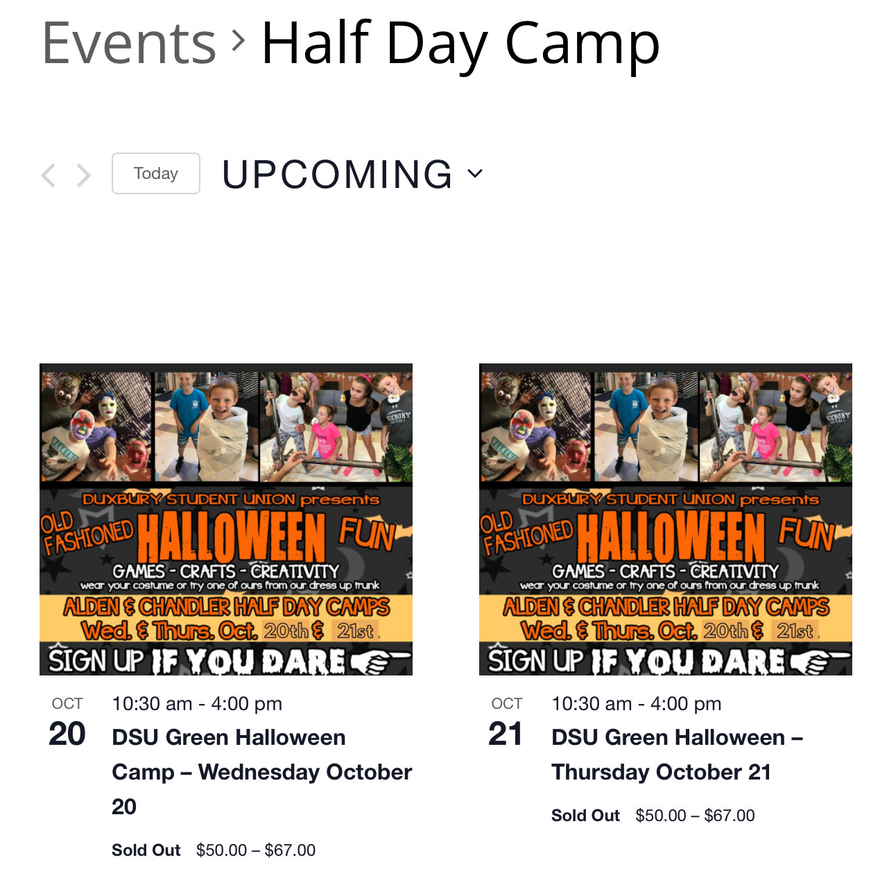 Duxbury Student Union uses category shortcodes to display calendars on their WordPress site