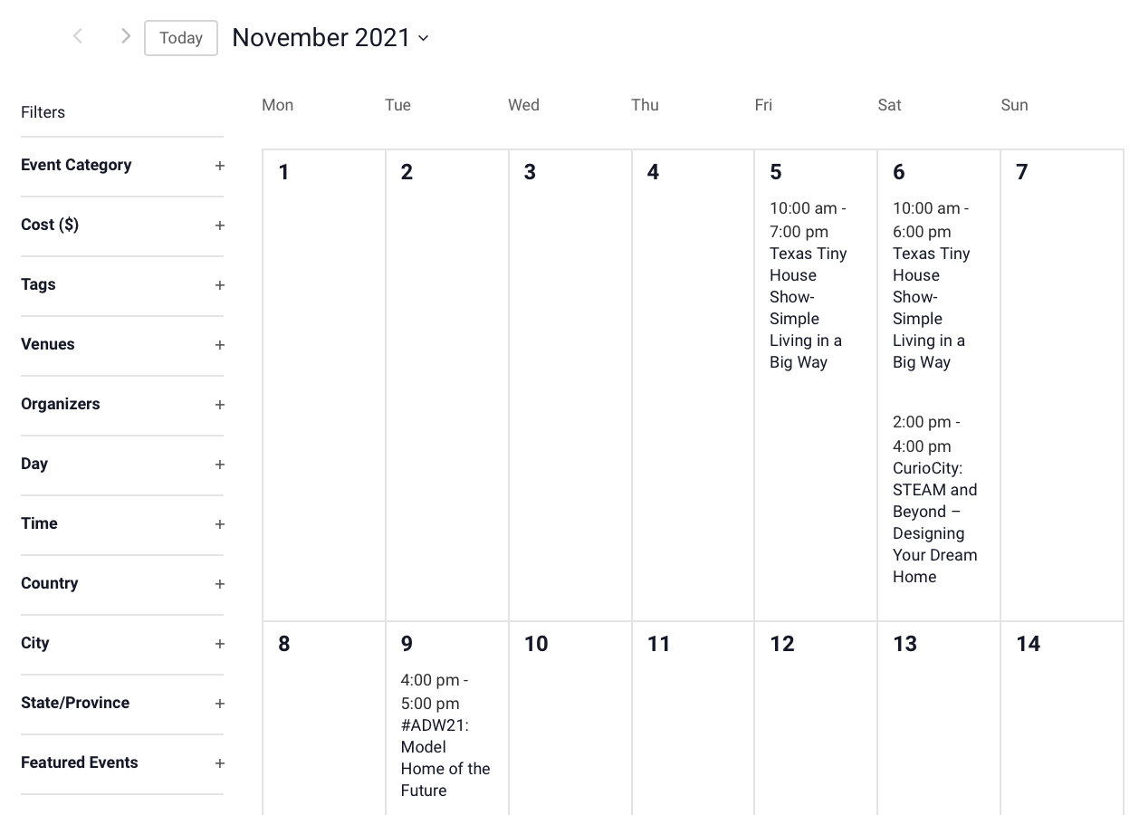 Featured Calendar month view with filter bar