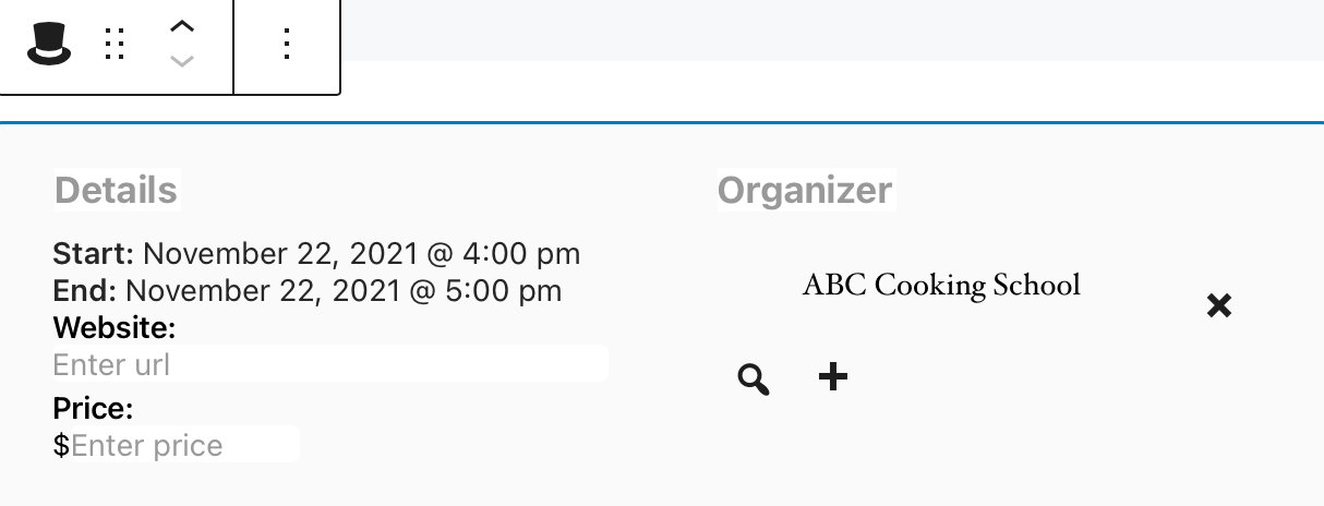 Event classic details with the WordPress Block Editor