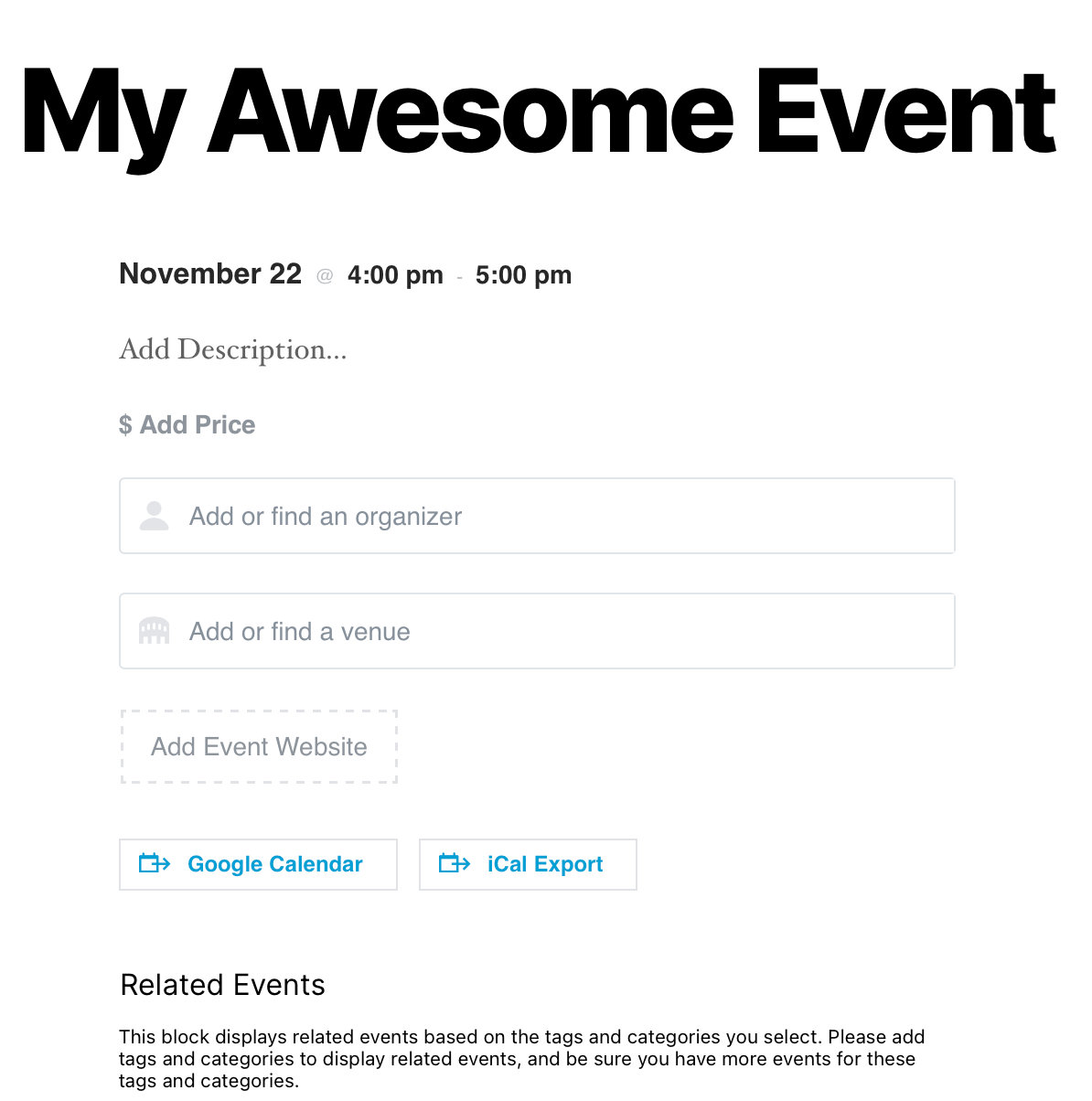 Event block options with the WordPress Block Editor for The Events Calendar