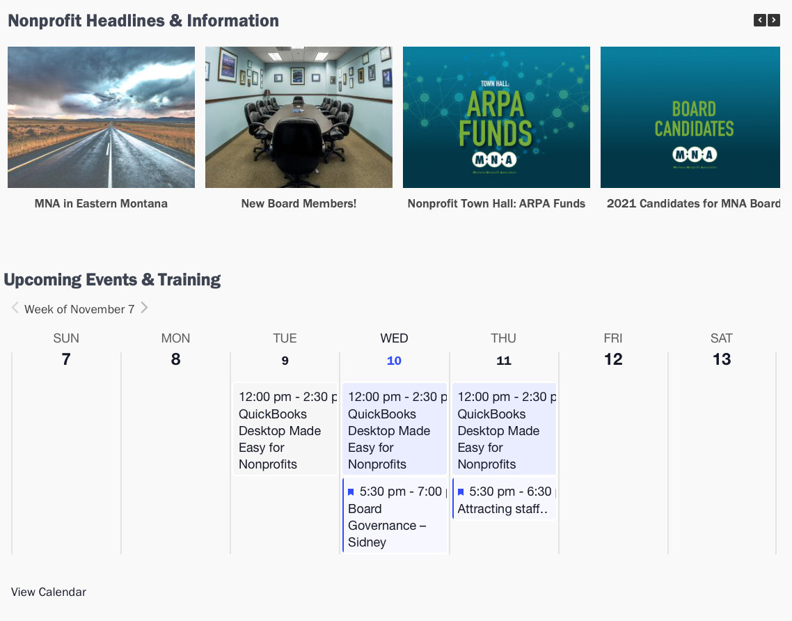 Nonprofit uses events by week widget on the homepage