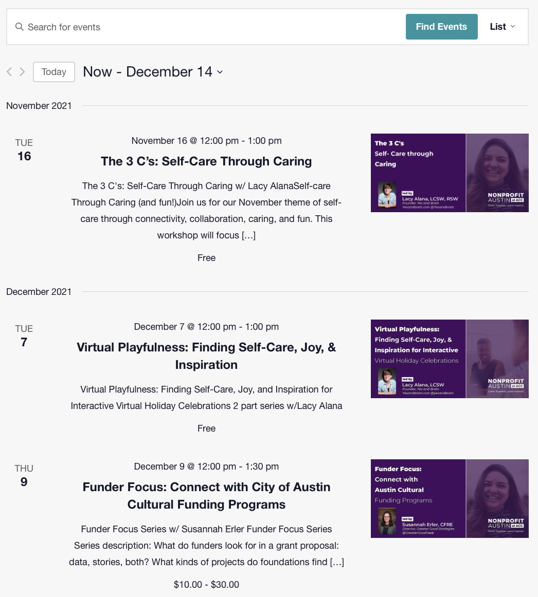 Nonprofit Austin at Austin Community College shows future events in List View for both free and paid events.