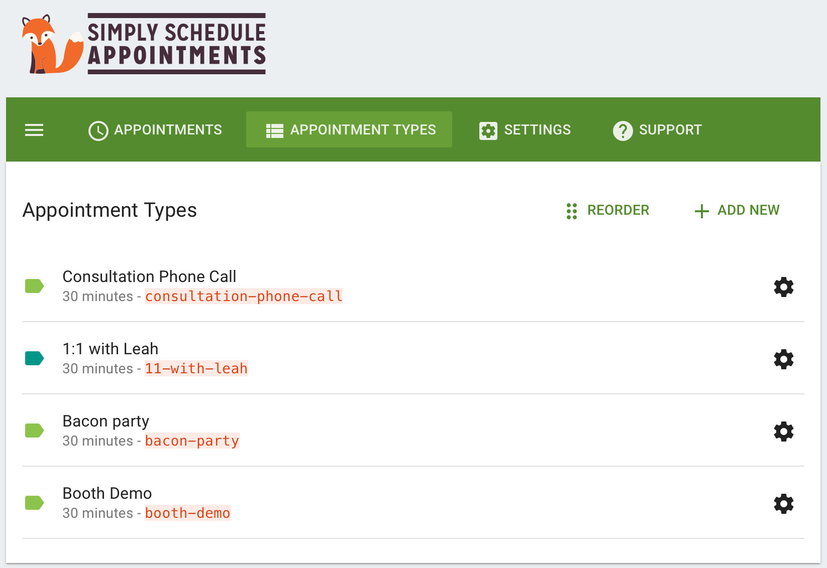 Simply Schedule Apointments appointment types