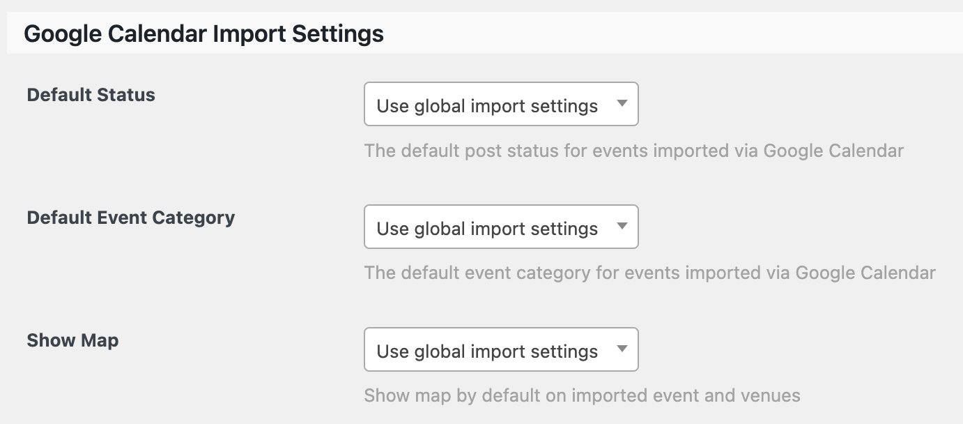 Google Calendar Import Settings