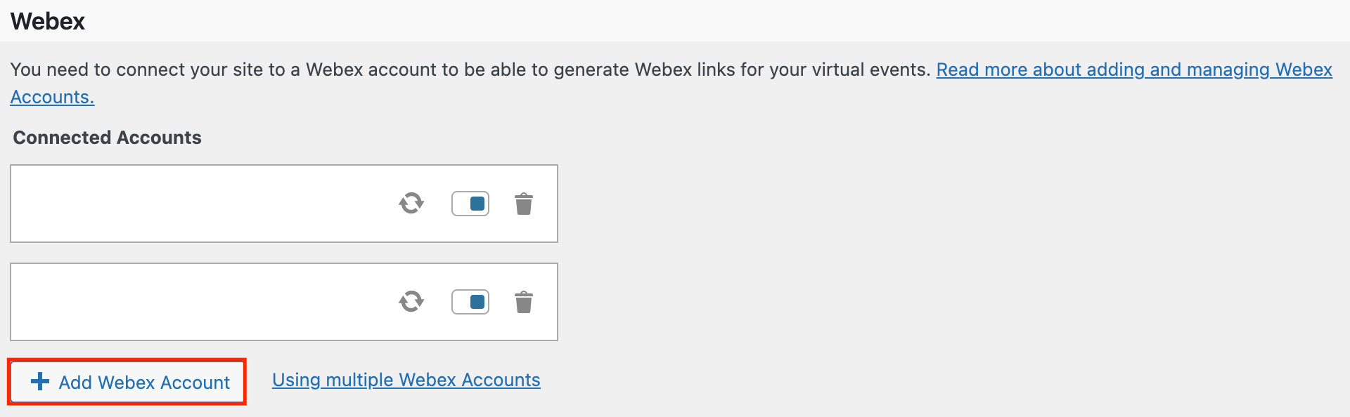 Connect to Webex under Events Settings > Integrations