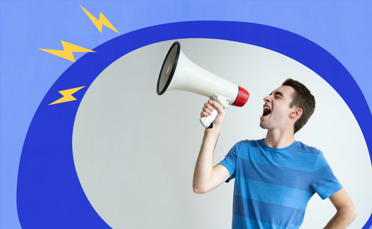 A man shouting into a megaphone. Picture is surrounded by a blue graphic background