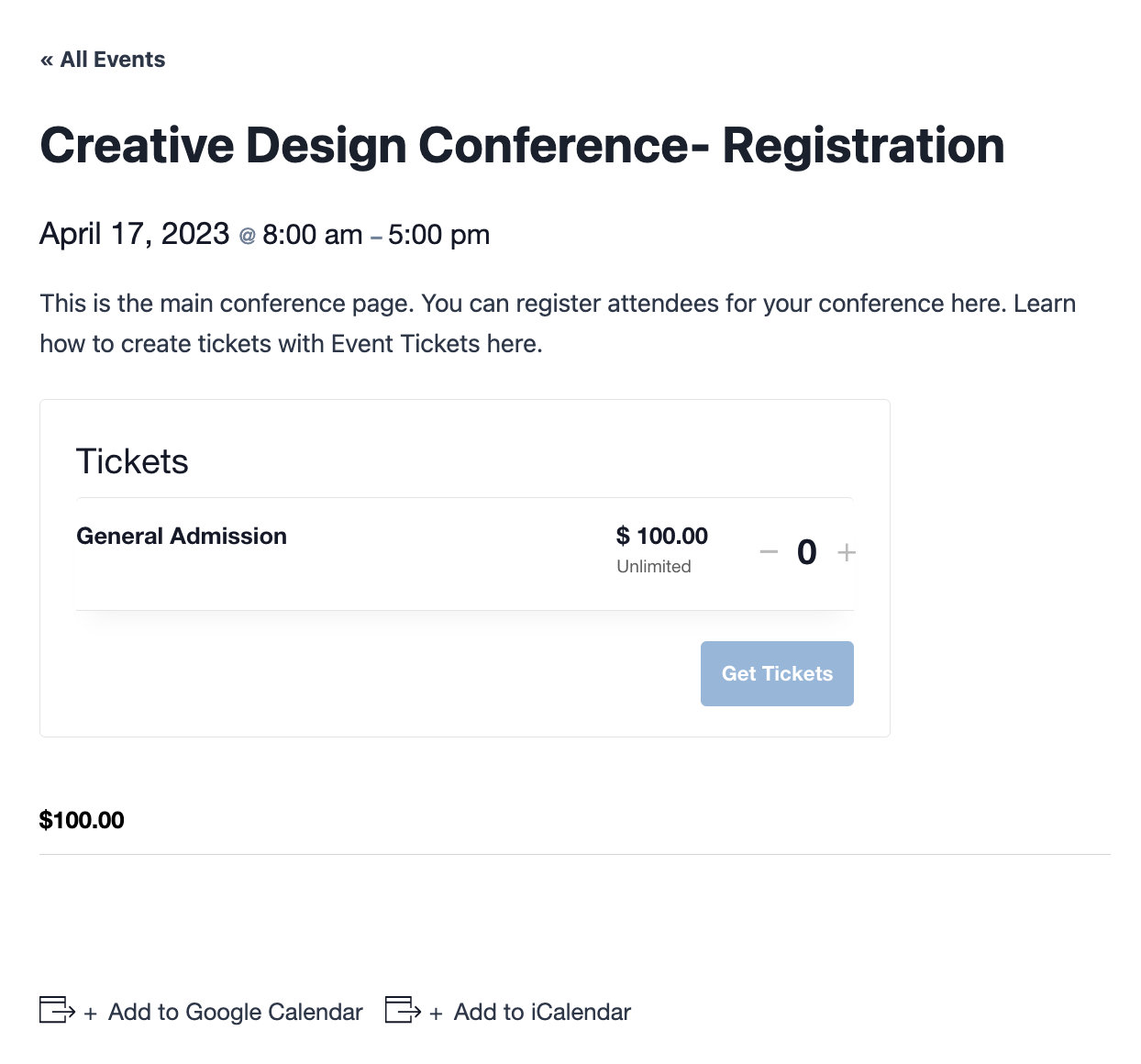 Tickets for main conference page created with Event Tickets