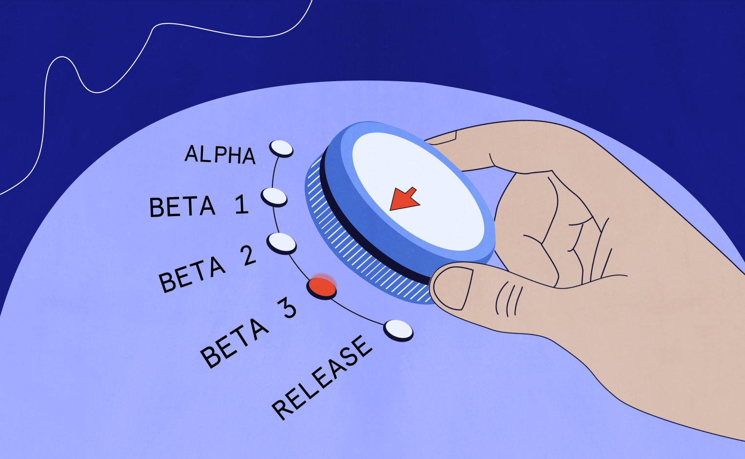 A hand turning a dial to indicate "Beta 3." This will be the last major beta version before we have a release candidate.