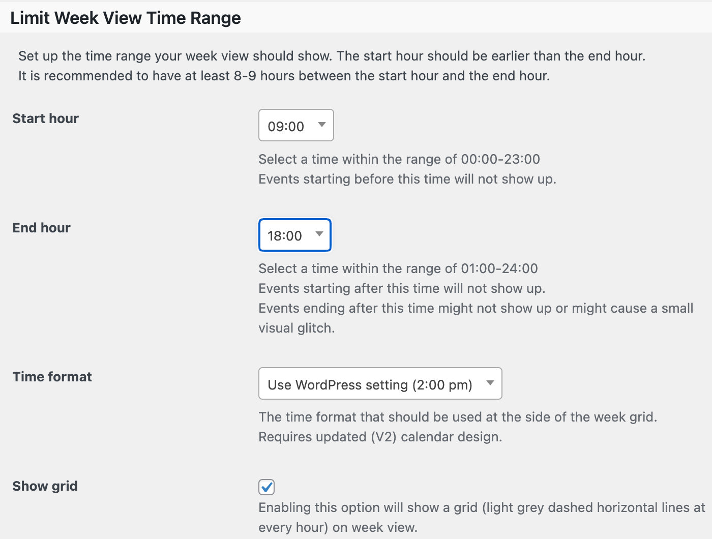 Limit Time Range in Week View settings