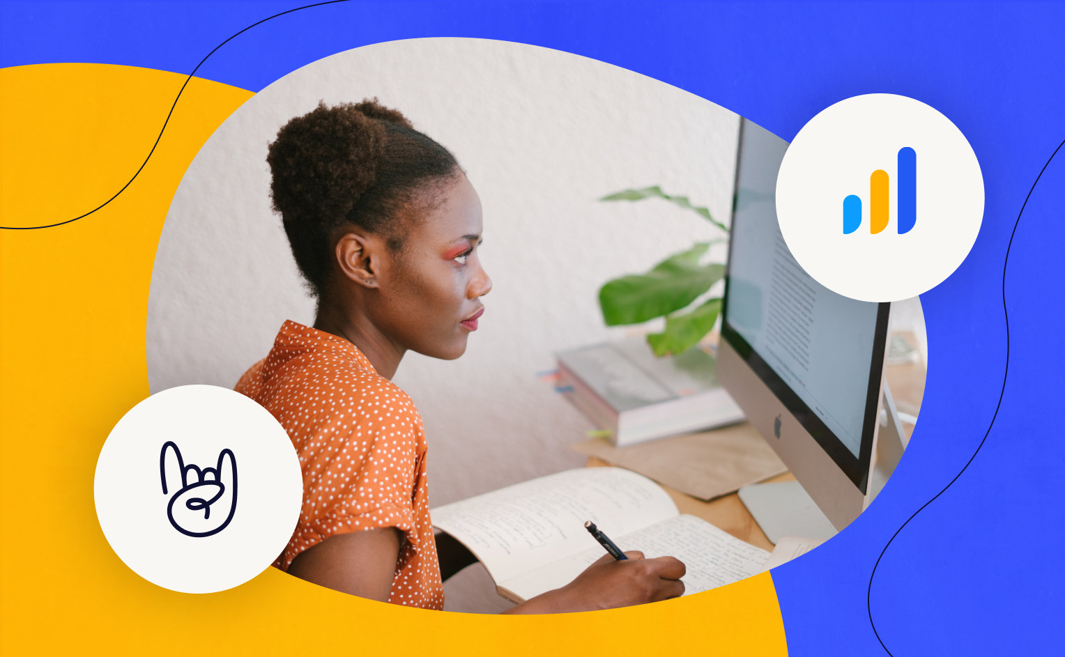 A woman looking at her computer. The Events Calendar and Learndash logos plus a blue and a gold color background