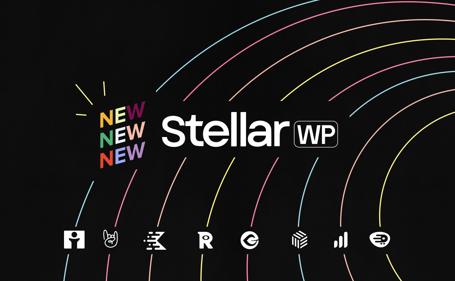 StellarWP logo, along with colorful design lines, star icon, and lightning icons as well as StellarWP brands logos underneath