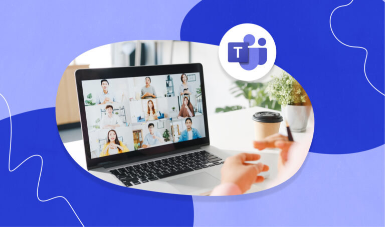 Laptop displaying people in a meeting and the MS Teams logo