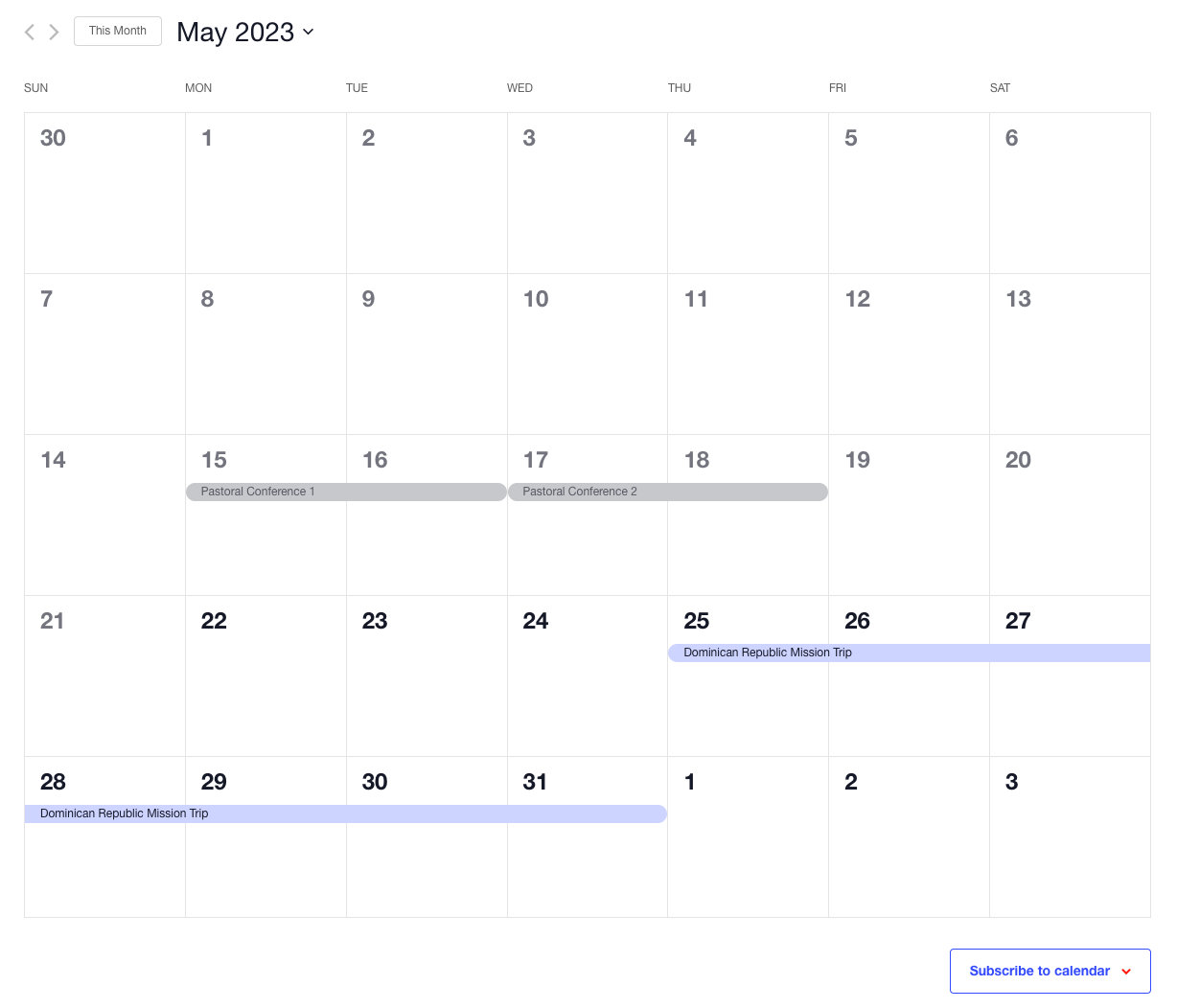 A month view of the calendar using the multi-day event feature