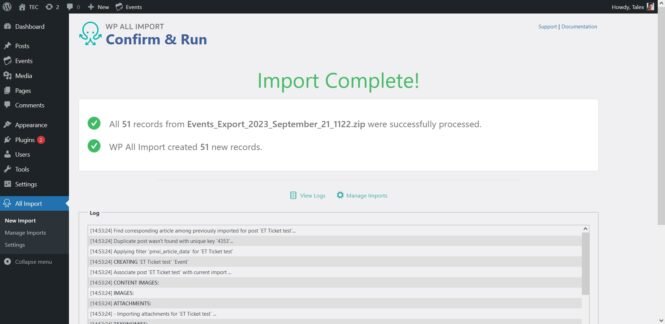 Screenshot of the successful finish of the import process.