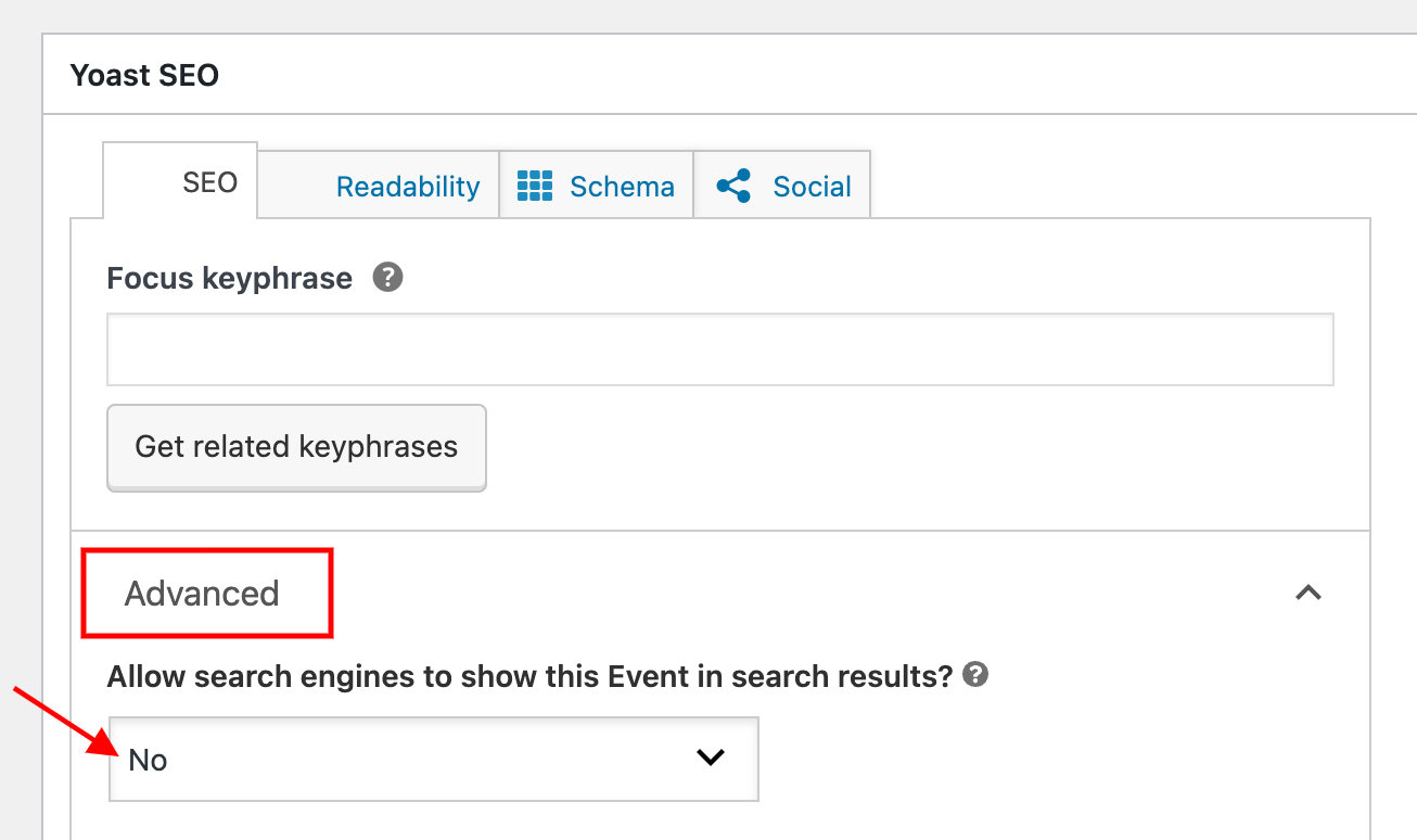 Screenshot showing not to set noindex for events using the Yoast SEO plugin