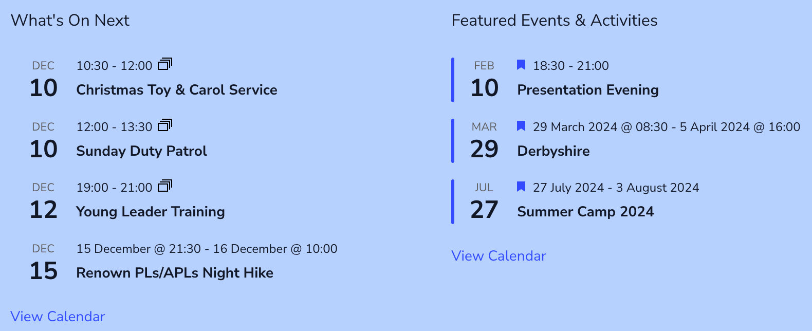 The Events Calendar widgets