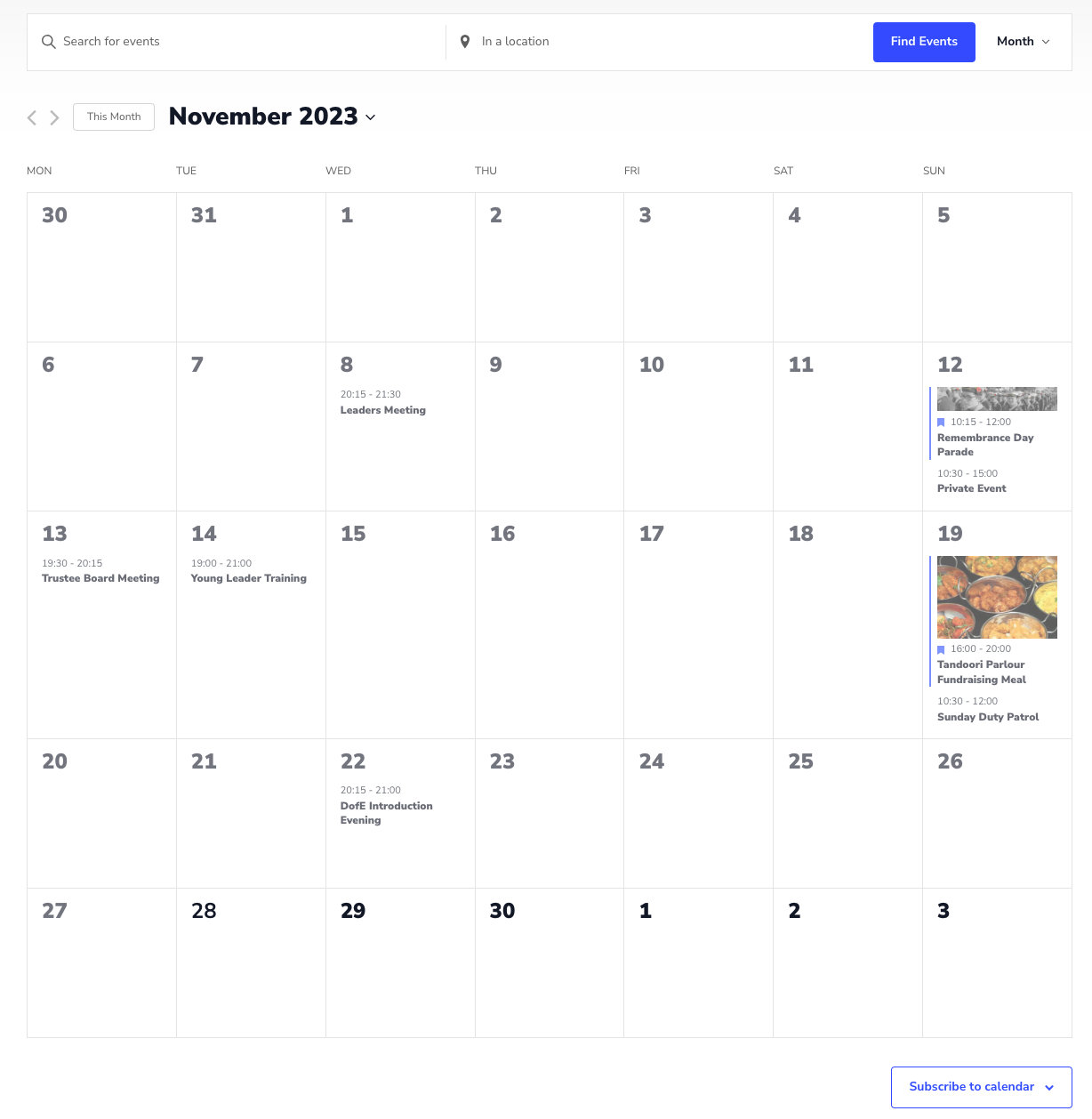 The Events Calendar main calendar page