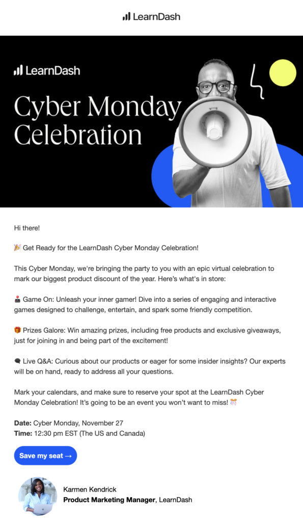 email invitation for a cyber monday virtual event from learndash