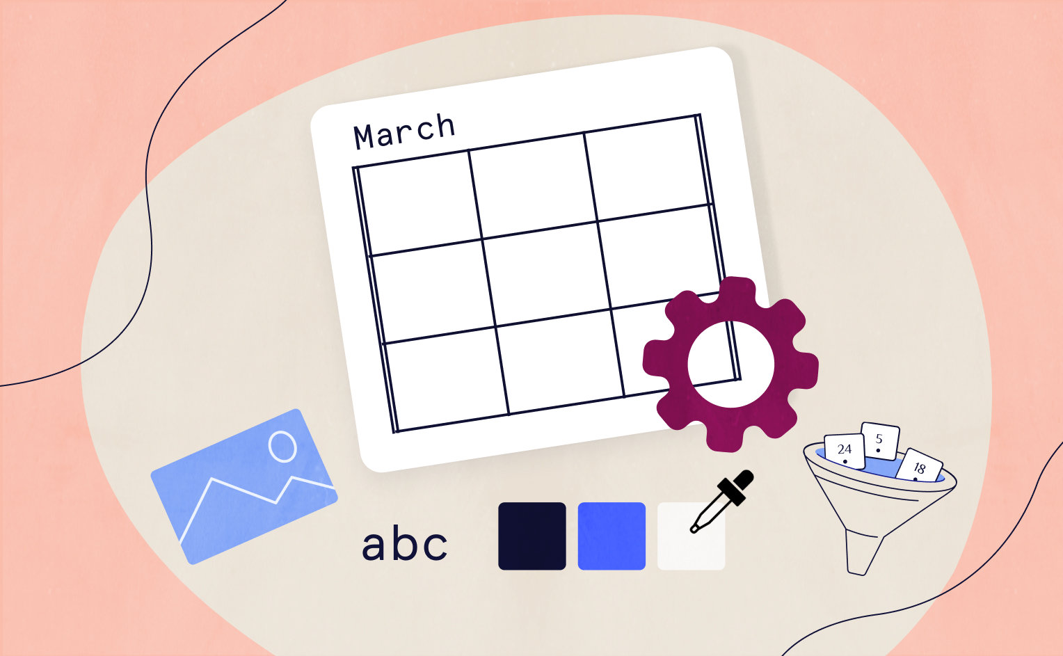 graphic showing customization setting icons for filtering, fonts, colors, and images with a calendar