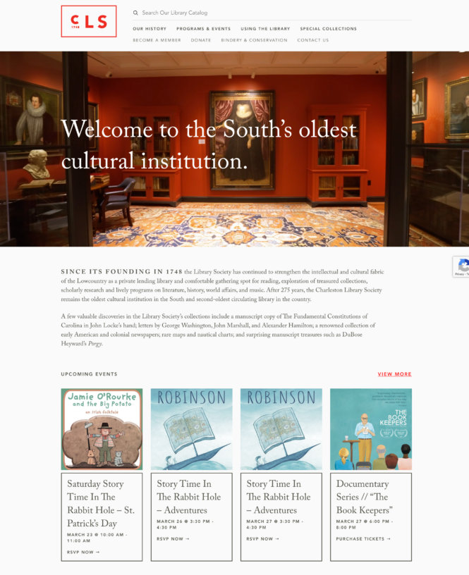 charleston library society website homepage with upcoming events