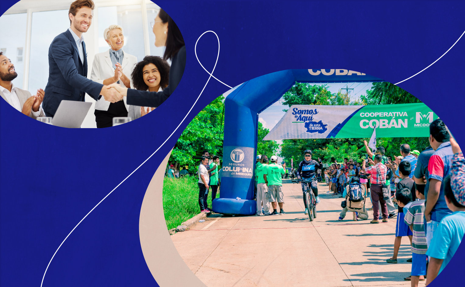 two images in two circles. left image: group of people and woman and man shaking hands. right image: cycling tournament with large banner showing event name and sponsors.