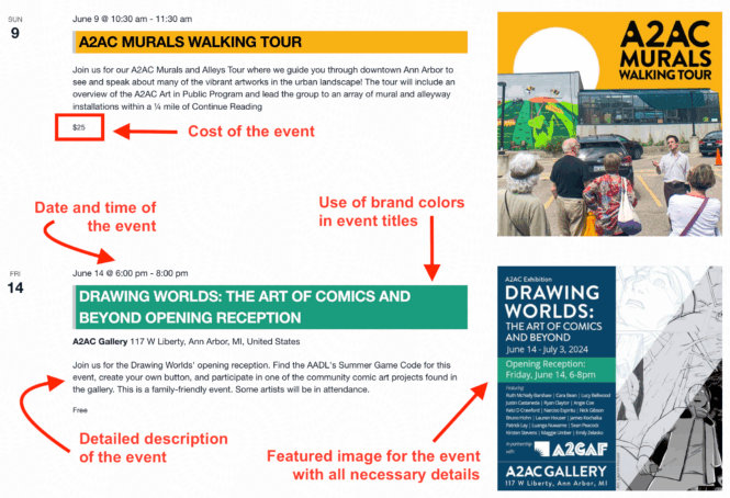 The events page of the Ann Arbor Arts Center featuring The Events Calendar