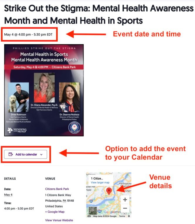Minding Your Mind’s single event page with details regarding the date, time, and venue, and an option to add it to your calendar