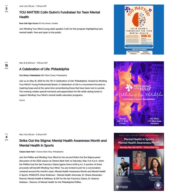 An overview of how Minding Your Mind displays its events in a List View format with The Events Calendar