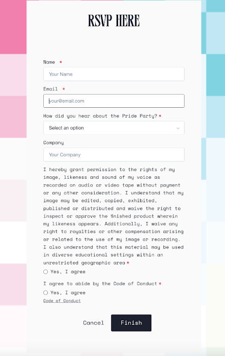 WordCamp US Pride Party RSVP form.