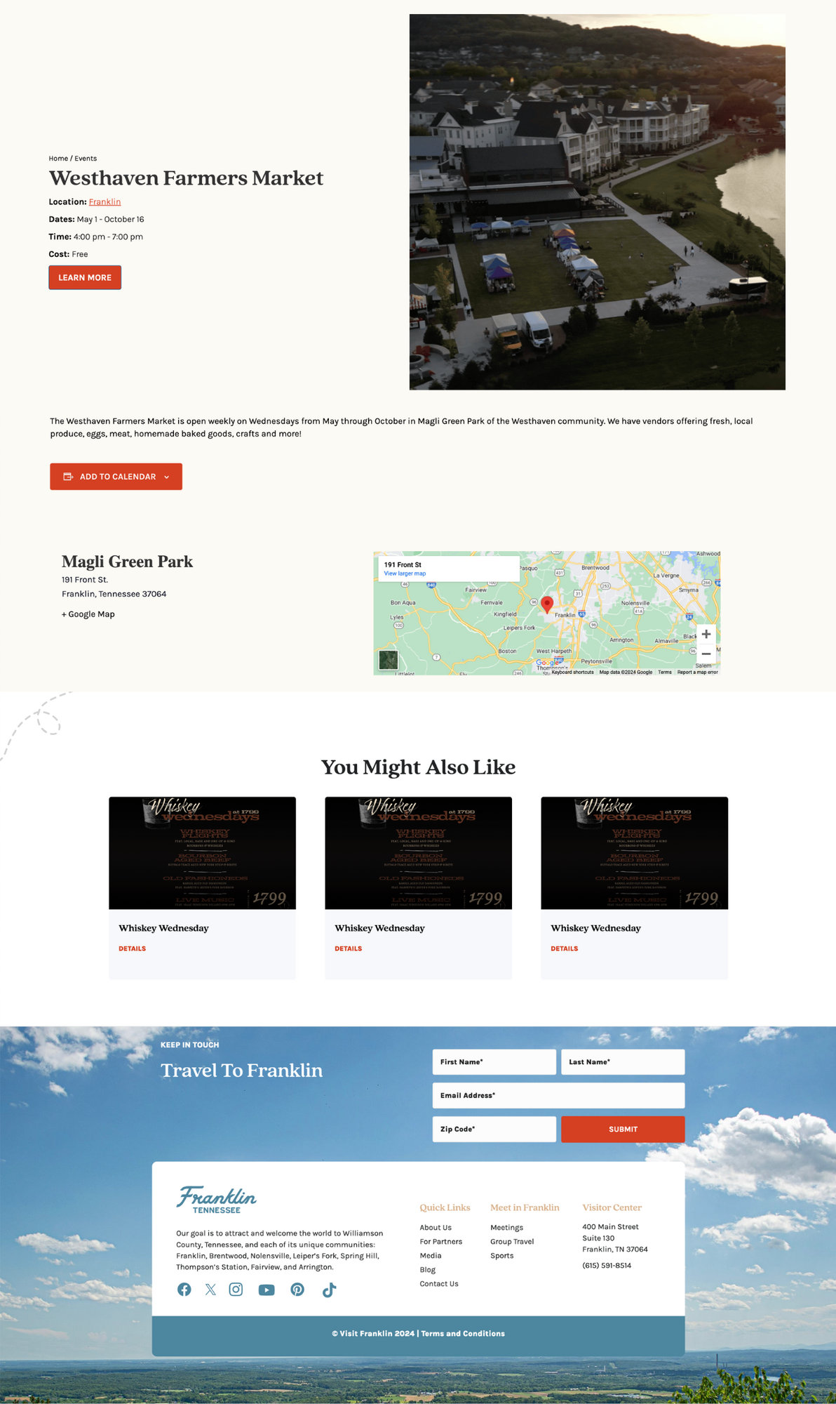 Main calendar webpage of events