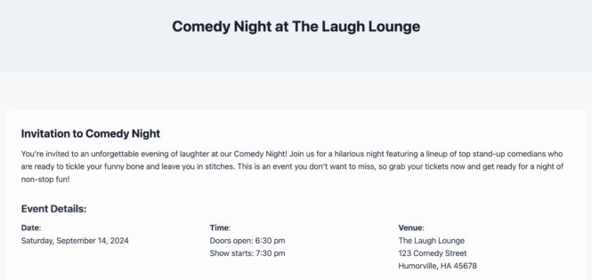Event invitation created using a standard WordPress page template