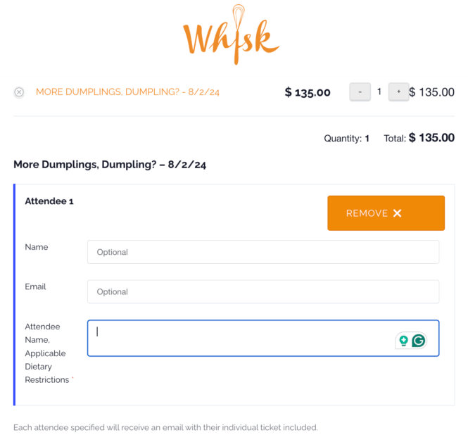 Registration form for Whisk’s cooking classes, created with Event Tickets Plus