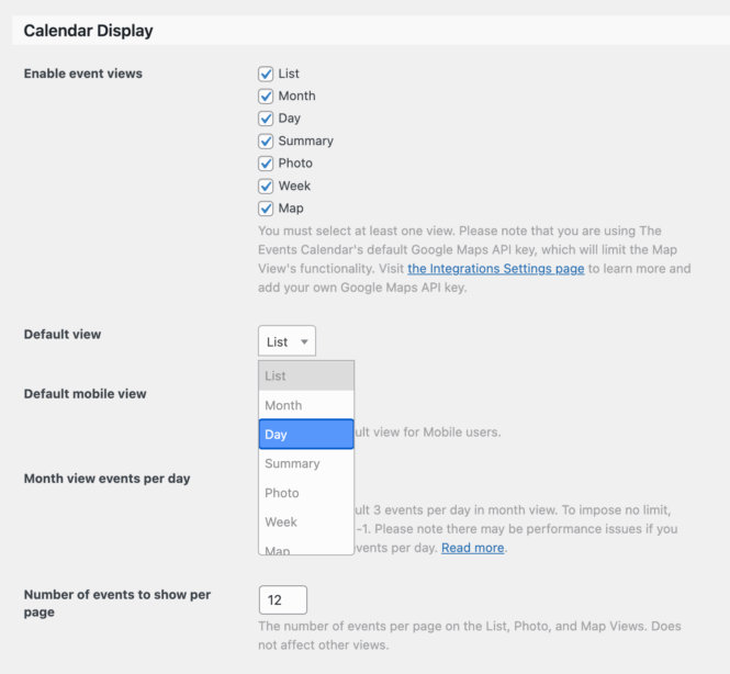 Calendar display options in The Events Calendar