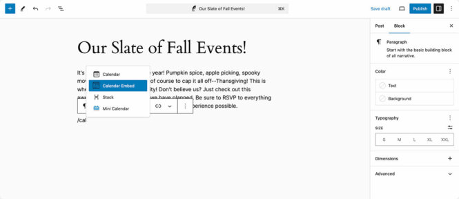 The Events Calendar Pro’s calendar embed block