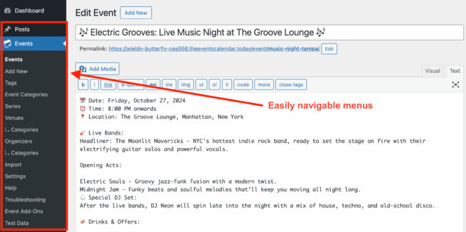 The Events Calendar Pro’s WordPress menu