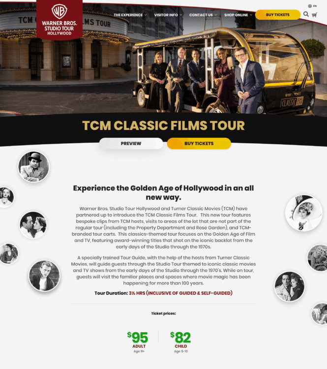 Single event page for the WB Studio Tour events