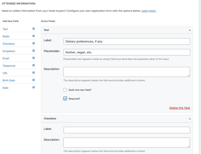 Custom registration fields in Event Tickets Plus