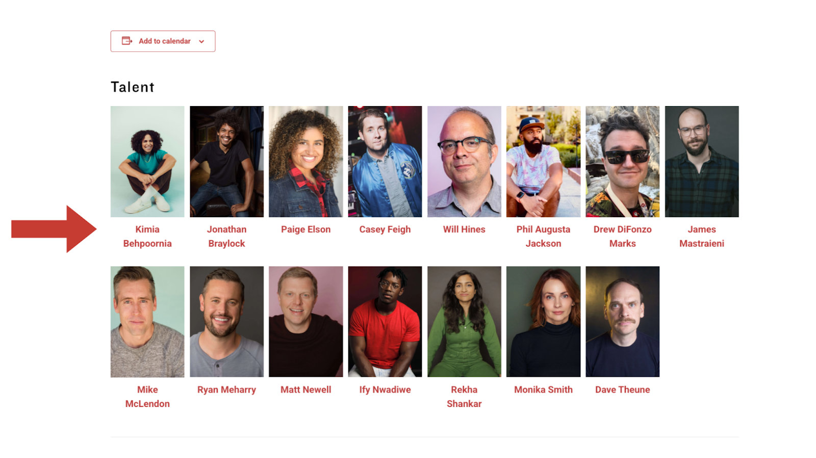 A screenshot of UCB's talent headshots in the description of the event