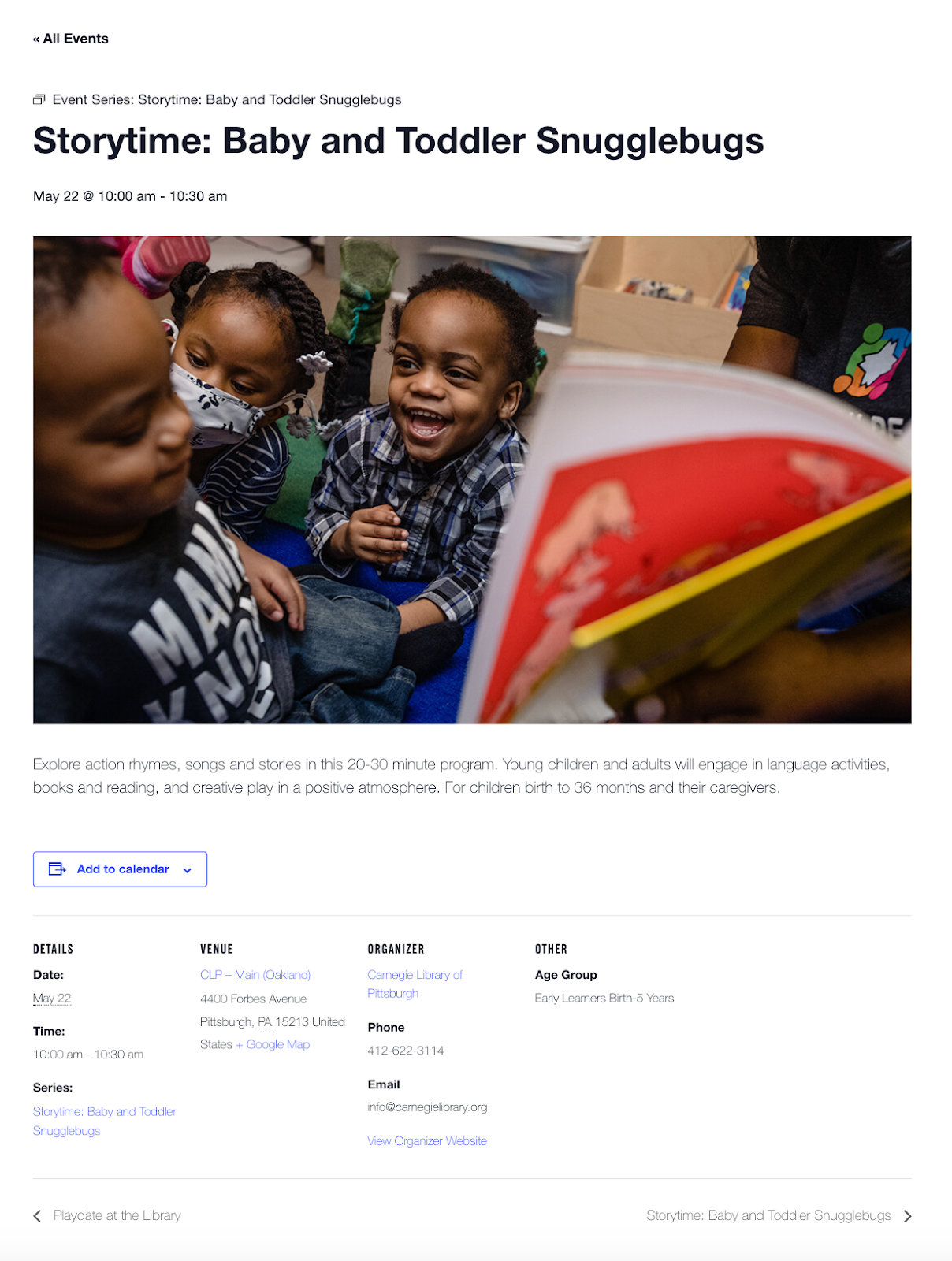 Carnegie library's single event page, featuring the title, date, time, graphic, and description.