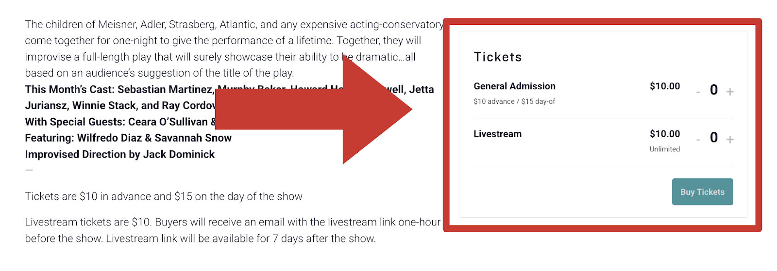 A screenshot of UCB's integration with Event Tickets Plus