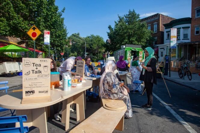 Outdoor event hosting people for tea and a talk in New York City.