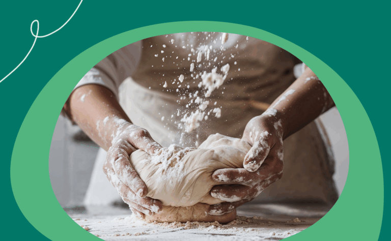 Header for the customer spotlight blog about Kneads Bakeshop, with a woman kneading dough.