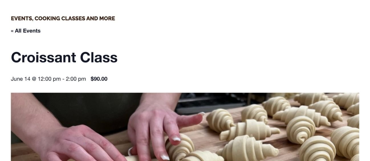 Screenshot of the  top of the single event page, showing the title, date, time, cost, and graphic of croissants.