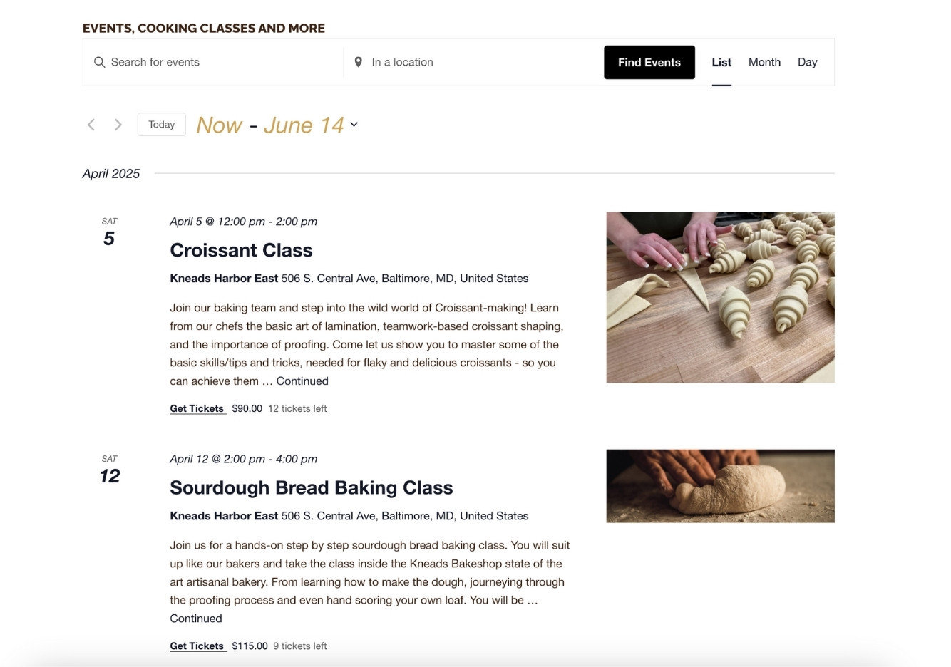 Screenshot of the design of the main events page, featuring two upcoming events.